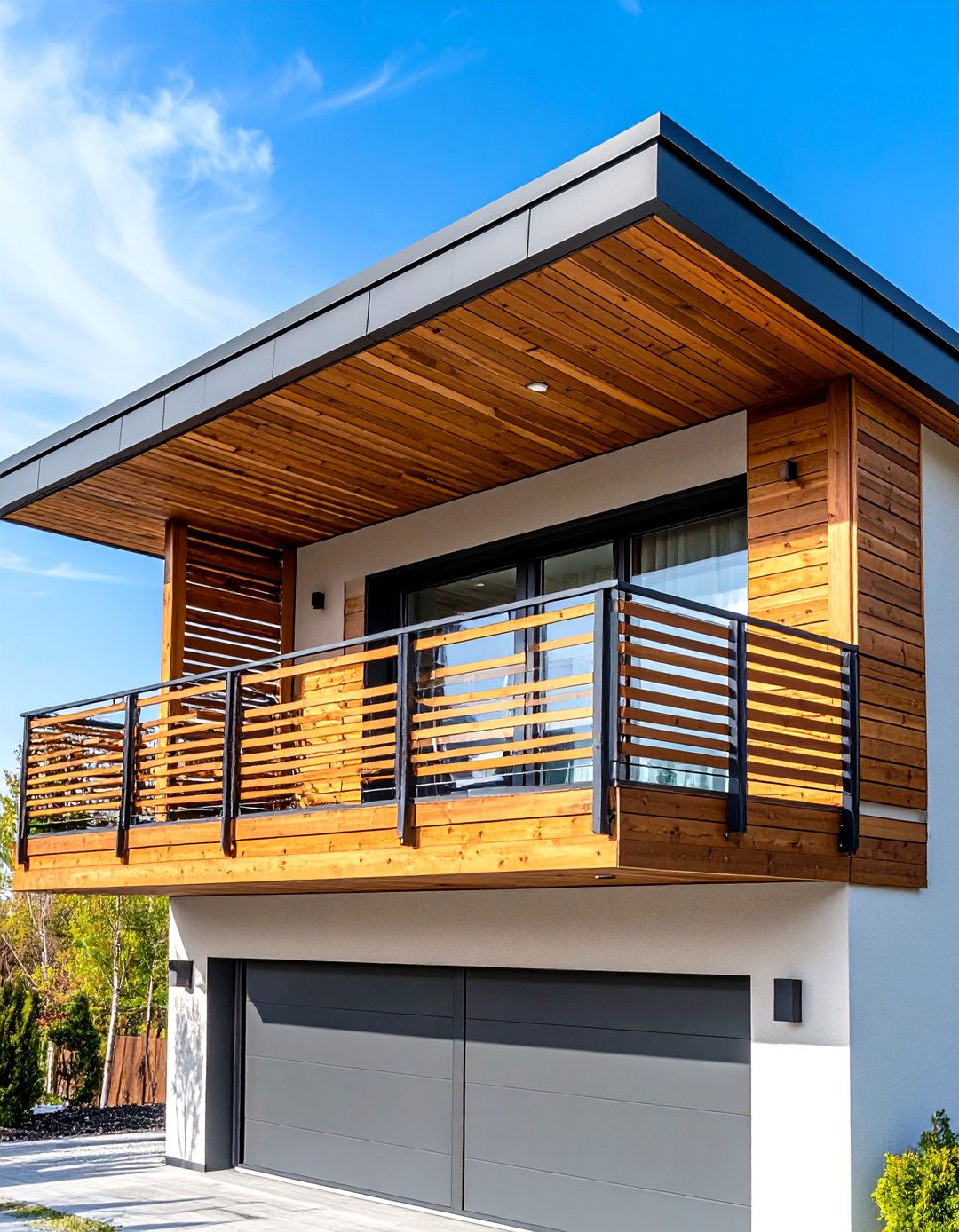 Contemporary Balcony with Horizontal Wood Slat Screens - 24 Balcony Over Garage Ideas
