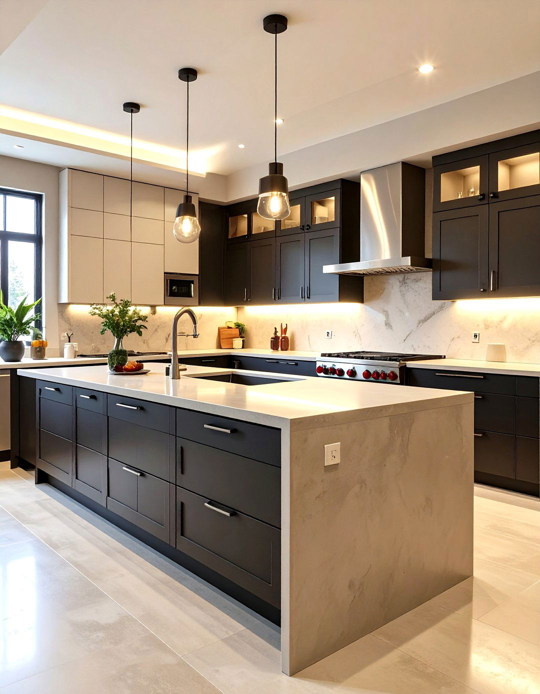 Contemporary Beige Concrete and Black Kitchen - 24 black and beige kitchen ideas