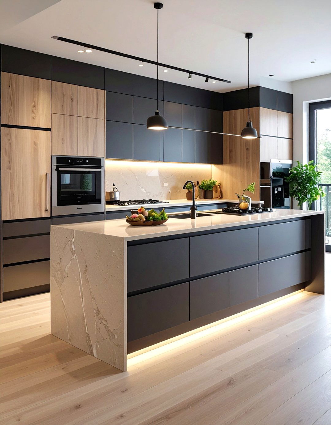 Contemporary Beige Quartz and Black Steel Kitchen - 24 black and beige kitchen ideas