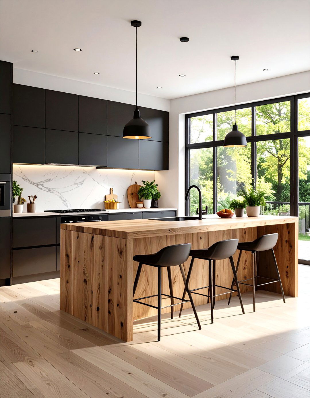 Contemporary Black Flat Panel Cabinets with Live Edge Wood - 24 Kitchen With Black Cabinets And Wood Countertops Ideas