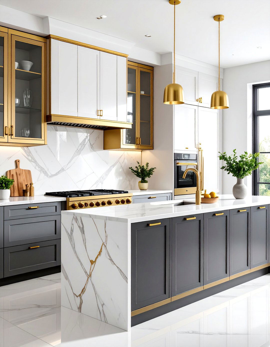 Contemporary Black Glass Cabinet Fronts with Gold Frames - 24 Black and Gold Kitchen Ideas
