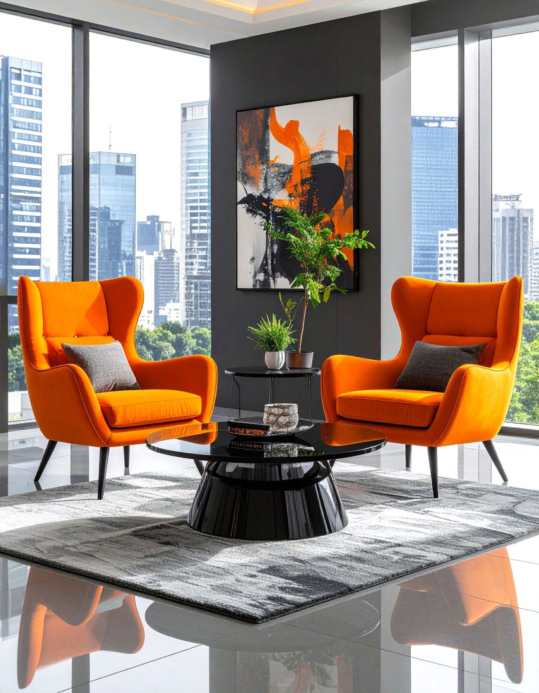 Contemporary Black Glass and Citrus Orange Living Room - 24 Black and Orange Living Room Ideas
