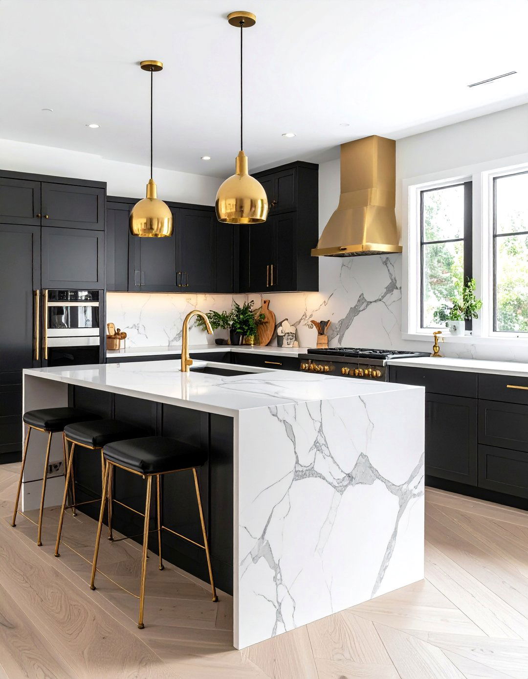 Contemporary Black Island with White Perimeter Cabinets - 24 black white and gold kitchen ideas