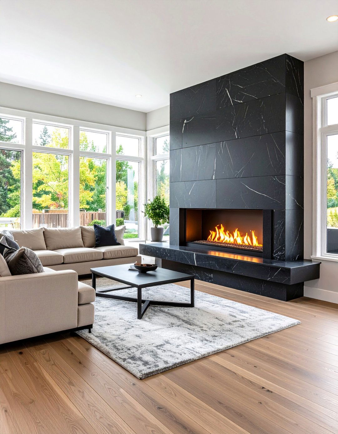 Contemporary Black Limestone Linear Insert Fireplace - 24 Black Stone Fireplace Ideas
