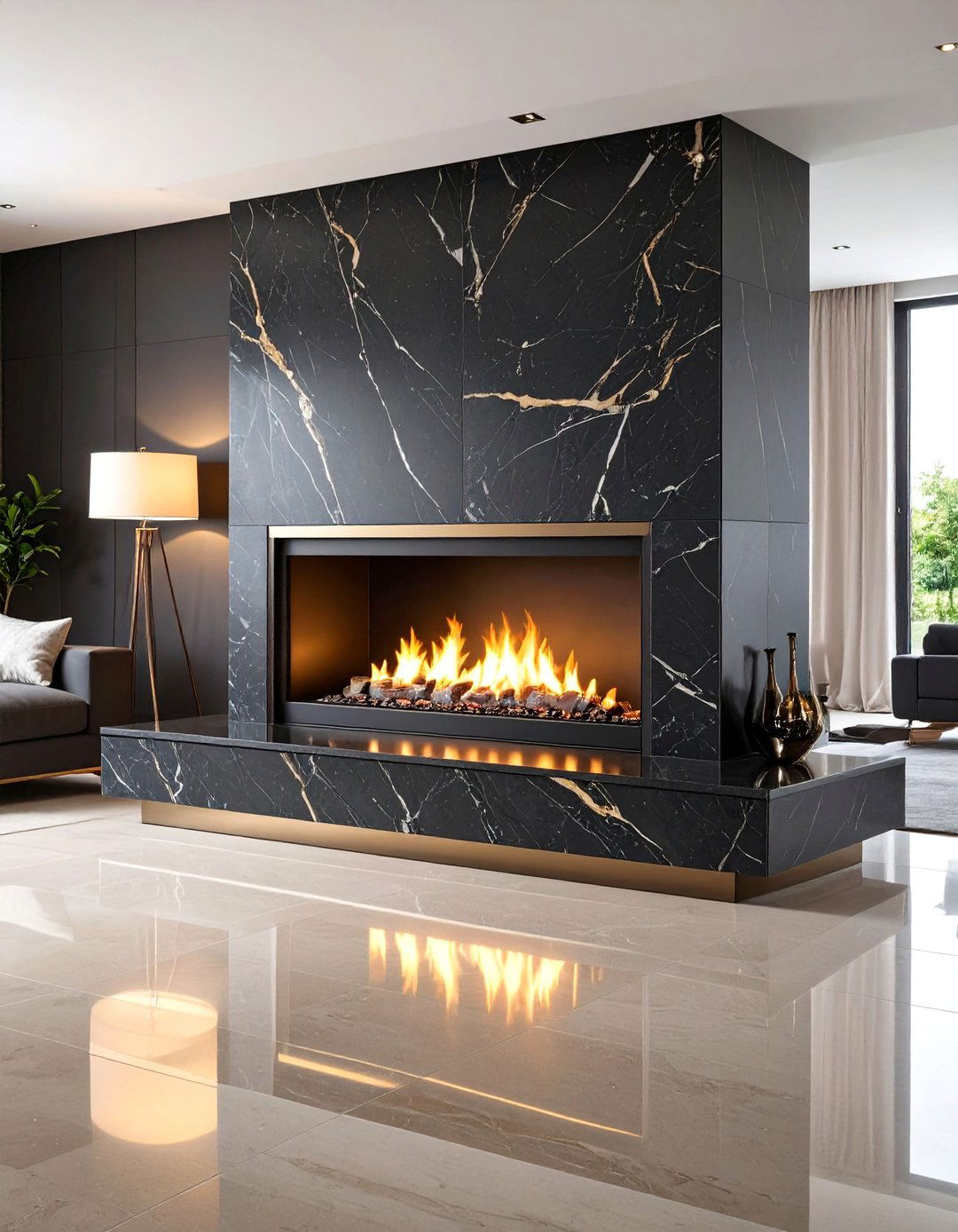 Contemporary Black Marble Linear Fireplace - 24 Black Stone Fireplace Ideas