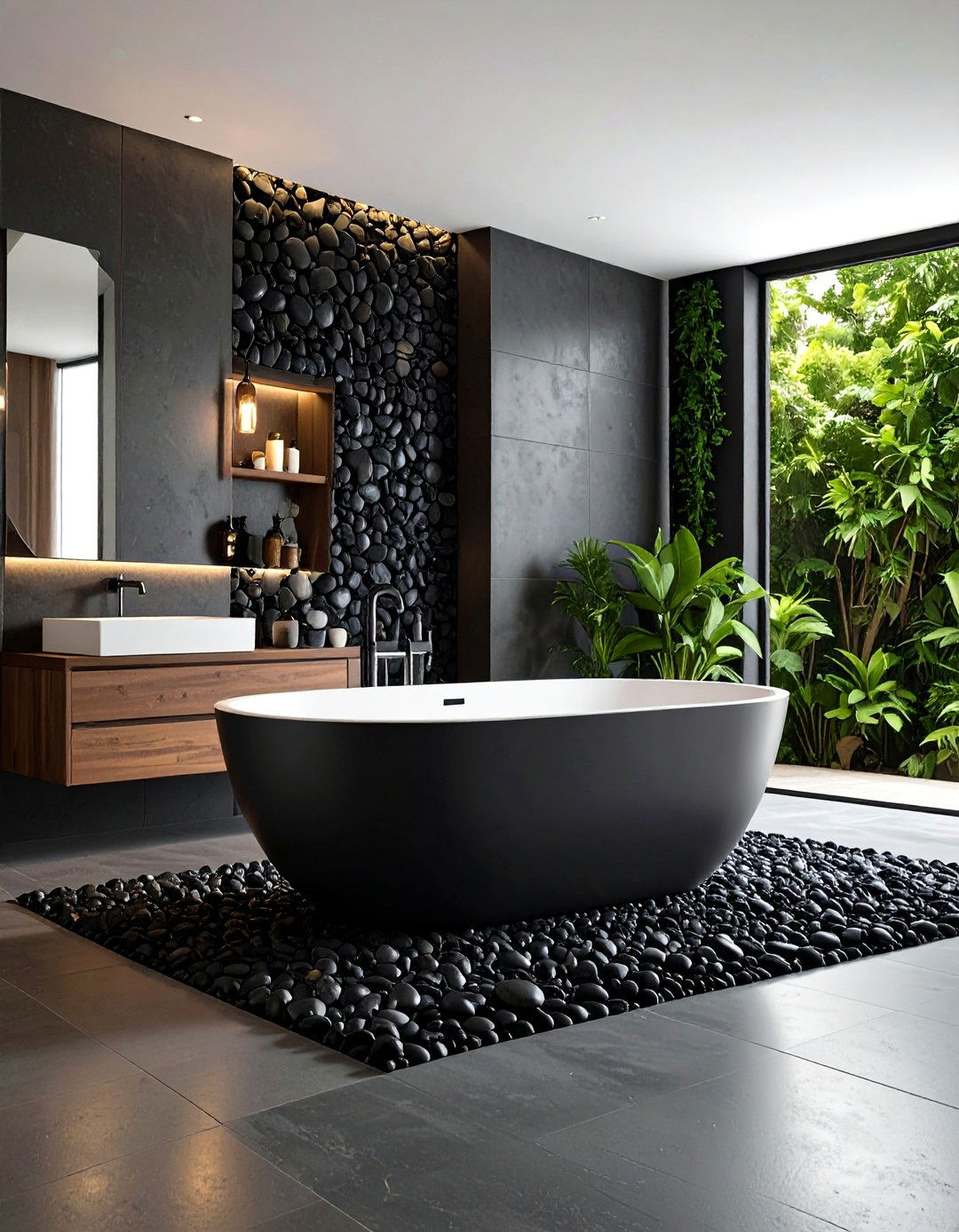 Contemporary Black Pebble Accent Wall - 24 Pebble Tile Bathroom Ideas