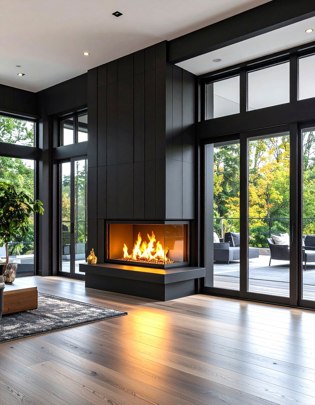 Contemporary Black Shiplap with Glass Fireplace Doors - 24 Black Shiplap Fireplace Ideas