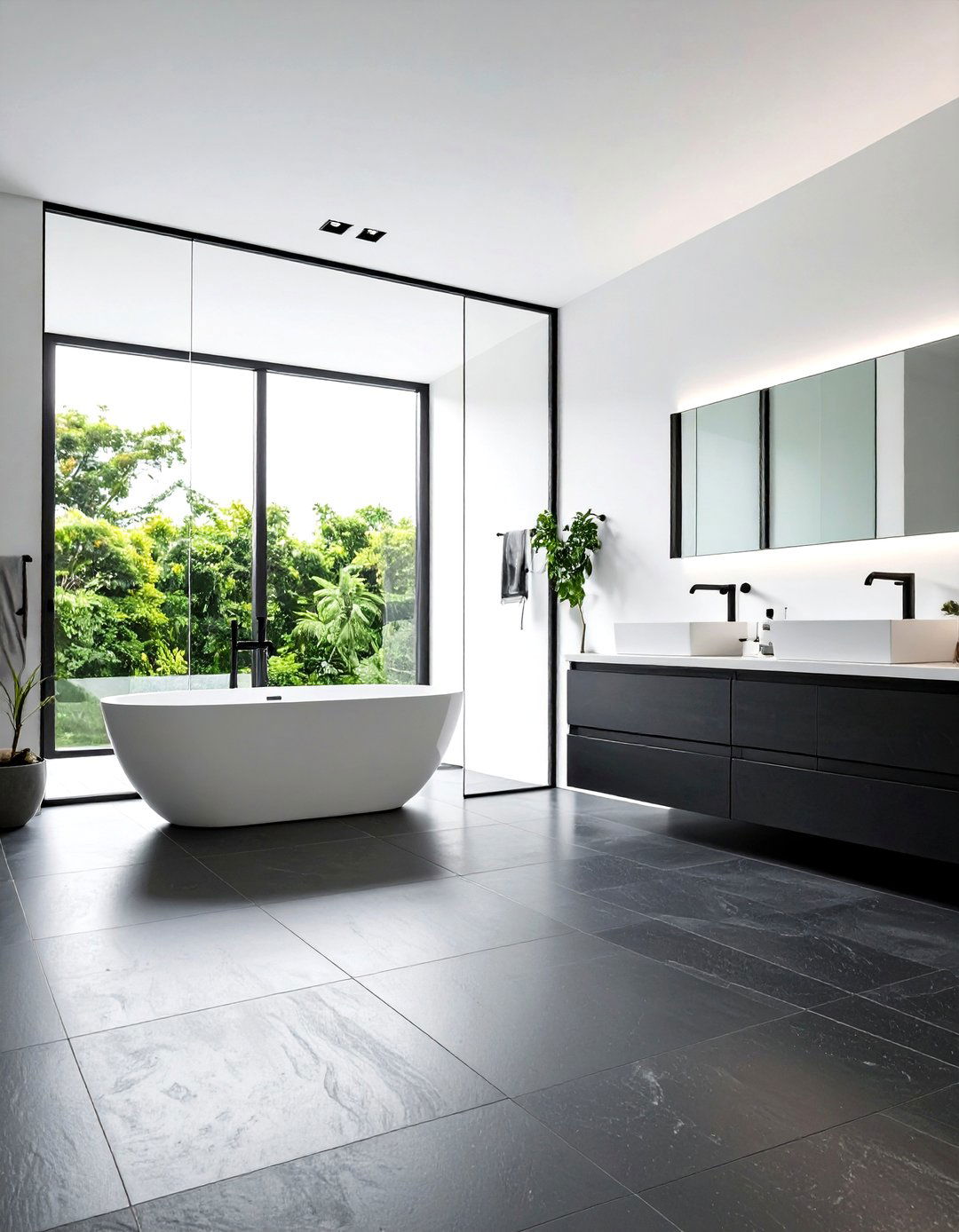 Contemporary Black Slate Look Porcelain with White Glass Walls - 24 Black Floor Bathroom With White Walls Ideas