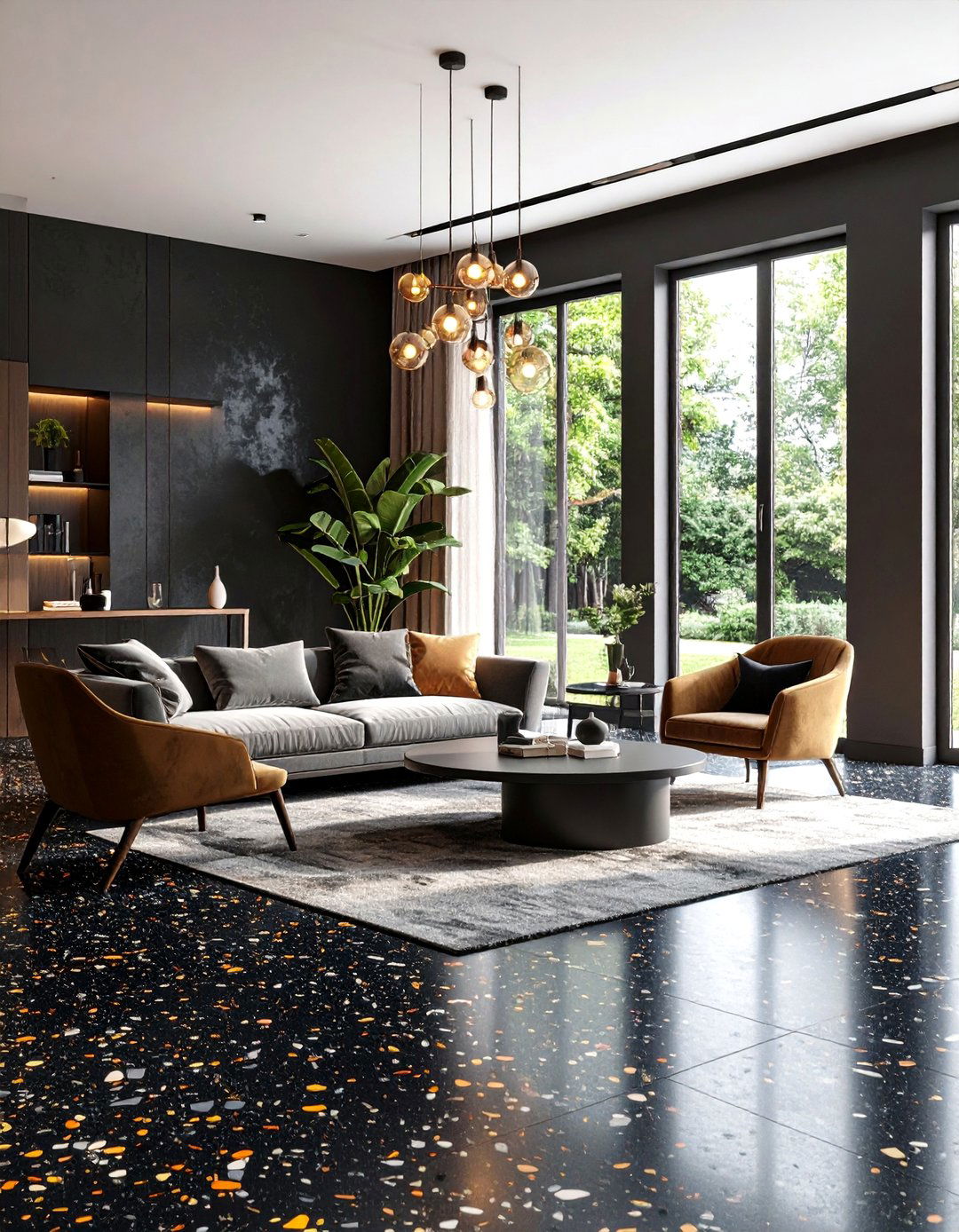 Contemporary Black Terrazzo Design - 24 Black Floor Living Room Ideas