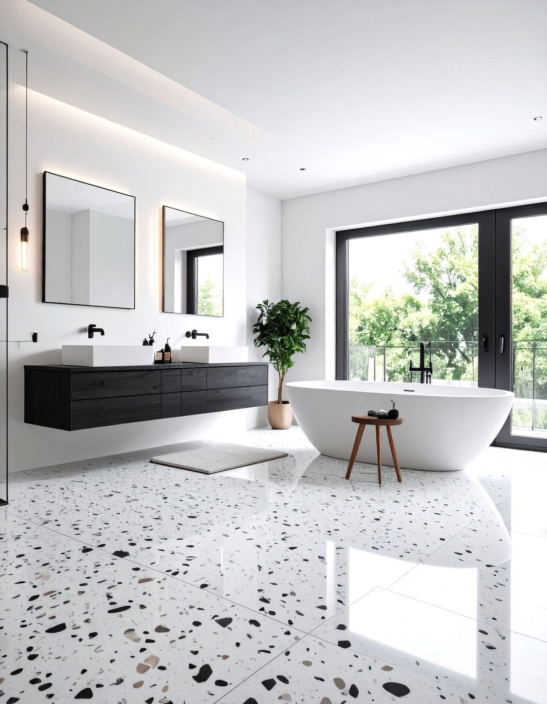 Contemporary Black Terrazzo Floor with White Smooth Walls - 24 Black Floor Bathroom With White Walls Ideas