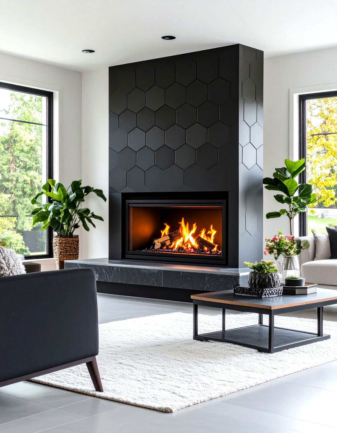Contemporary Black Tile Mosaic Fireplace - 24 Black Fireplace Ideas