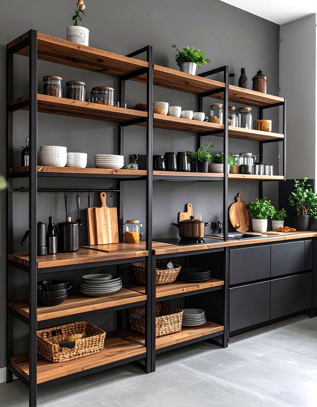 Contemporary Black and Brown Open Shelving - 24 Black and Brown Kitchen Ideas