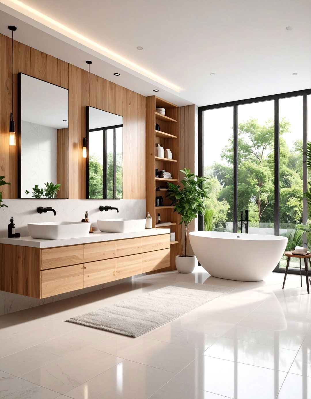 Contemporary Black and White Bathroom with Wood Accents - 24 Black and White Bathroom Ideas