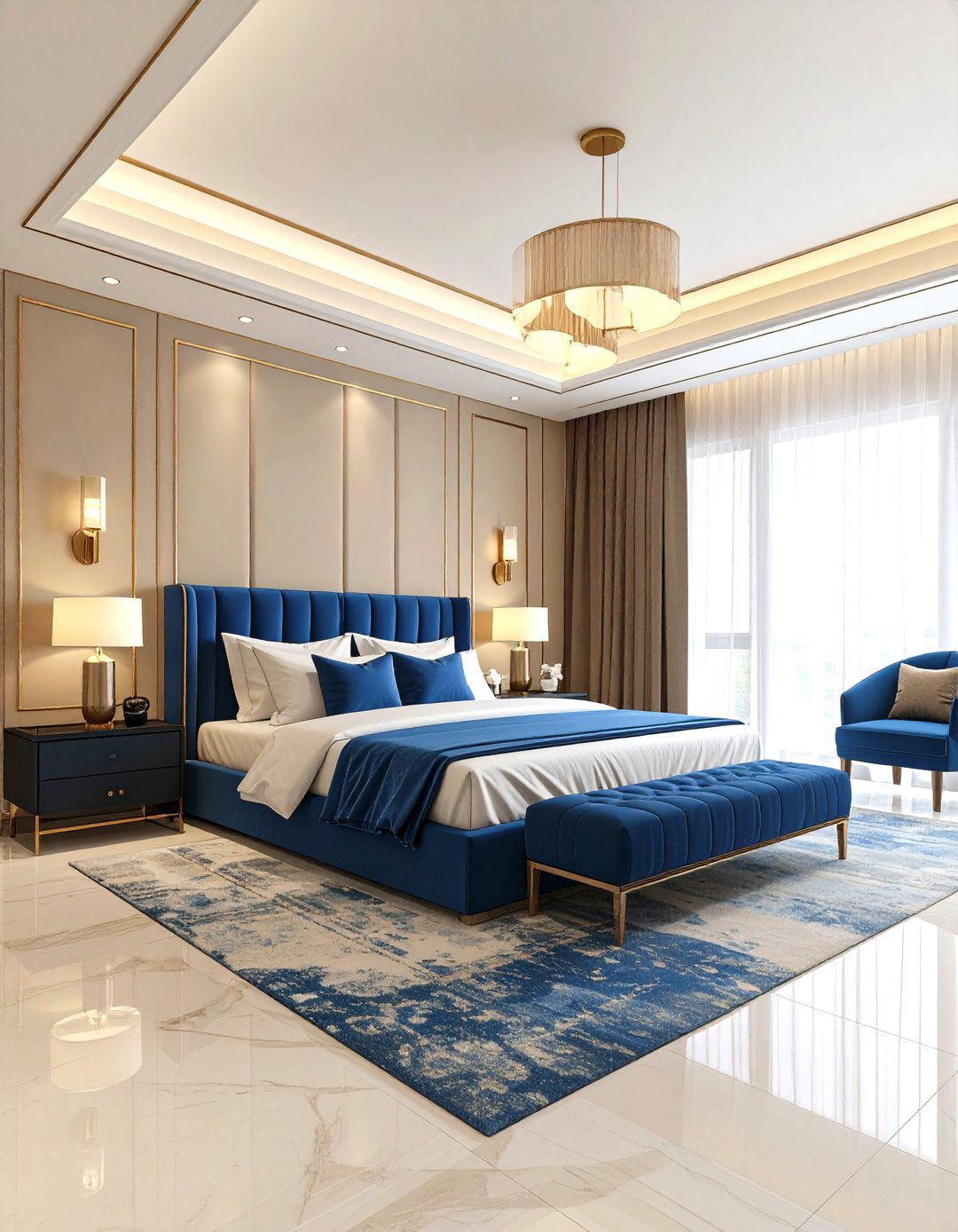 Contemporary Blue Beige Luxury Suite - 24 blue and beige bedroom ideas