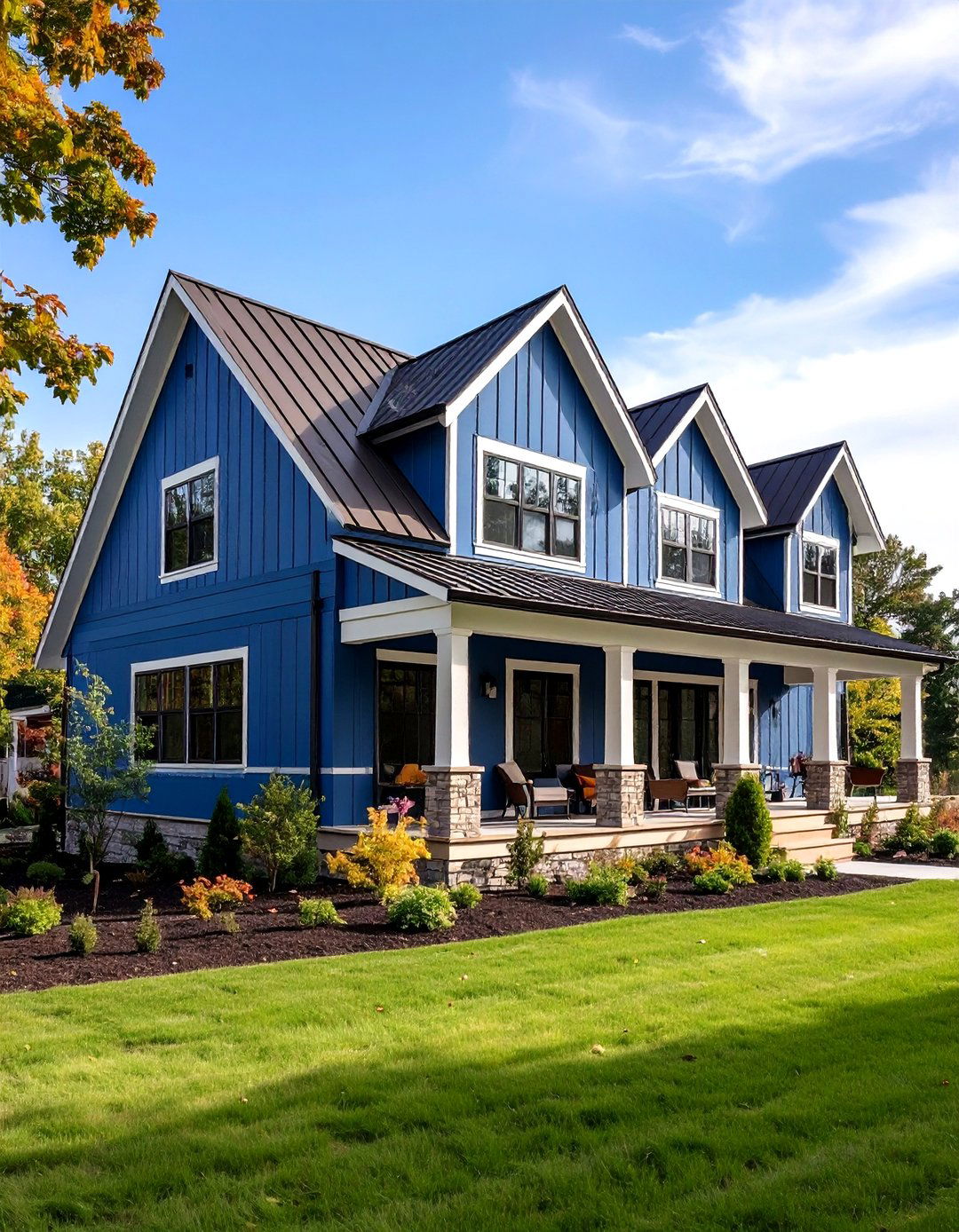 Contemporary Blue Farmhouse with Brown Standing Seam - 24 blue exterior home with a brown roof ideas