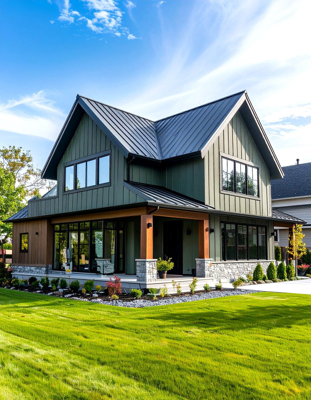Contemporary Board and Batten Design - 24 Olive Green House Exterior Ideas