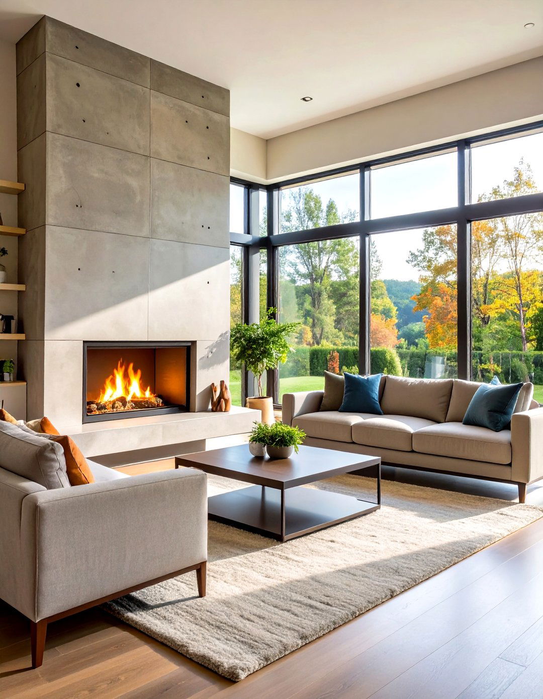 Contemporary Concrete Fireplace with Ribbon Windows - 24 Fireplace Between Windows Ideas