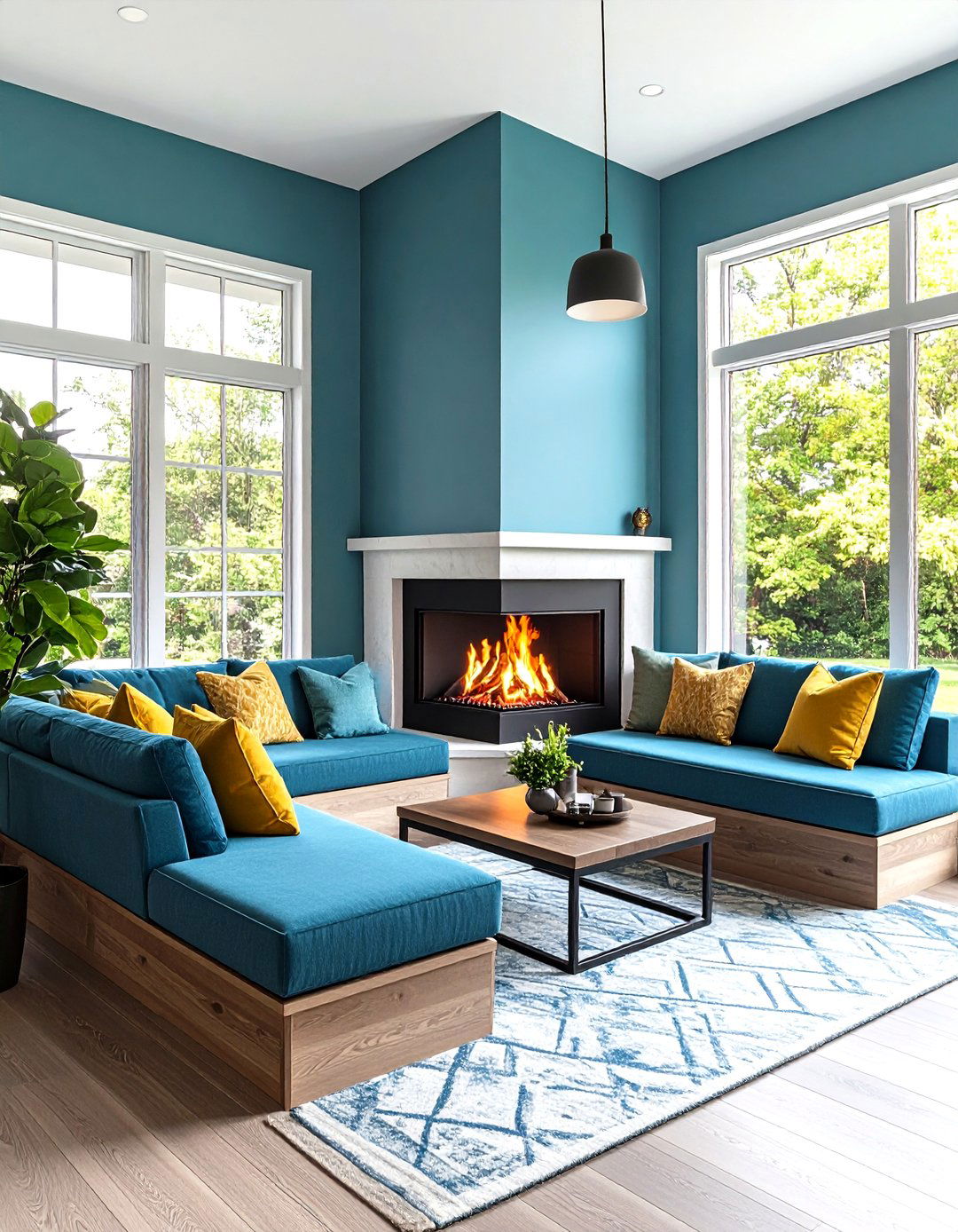 Contemporary Corner Gas Fireplace with Built In Seating - 24 Modern Fireplace Ideas