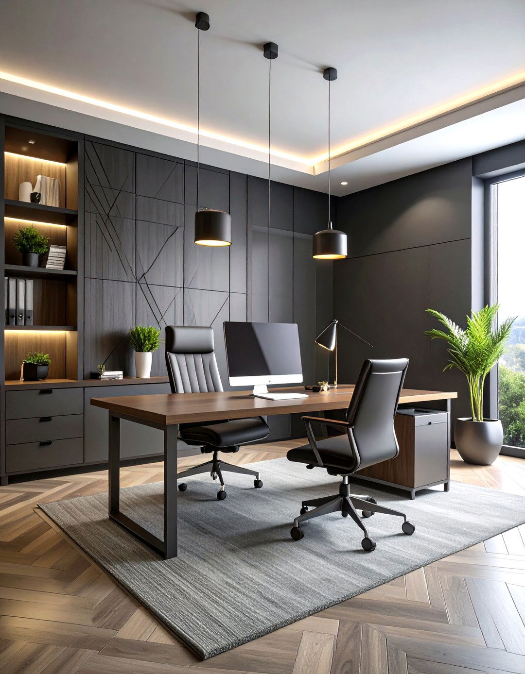 Contemporary Dark Gray Office with Geometric Patterns - 24 dark home office design ideas