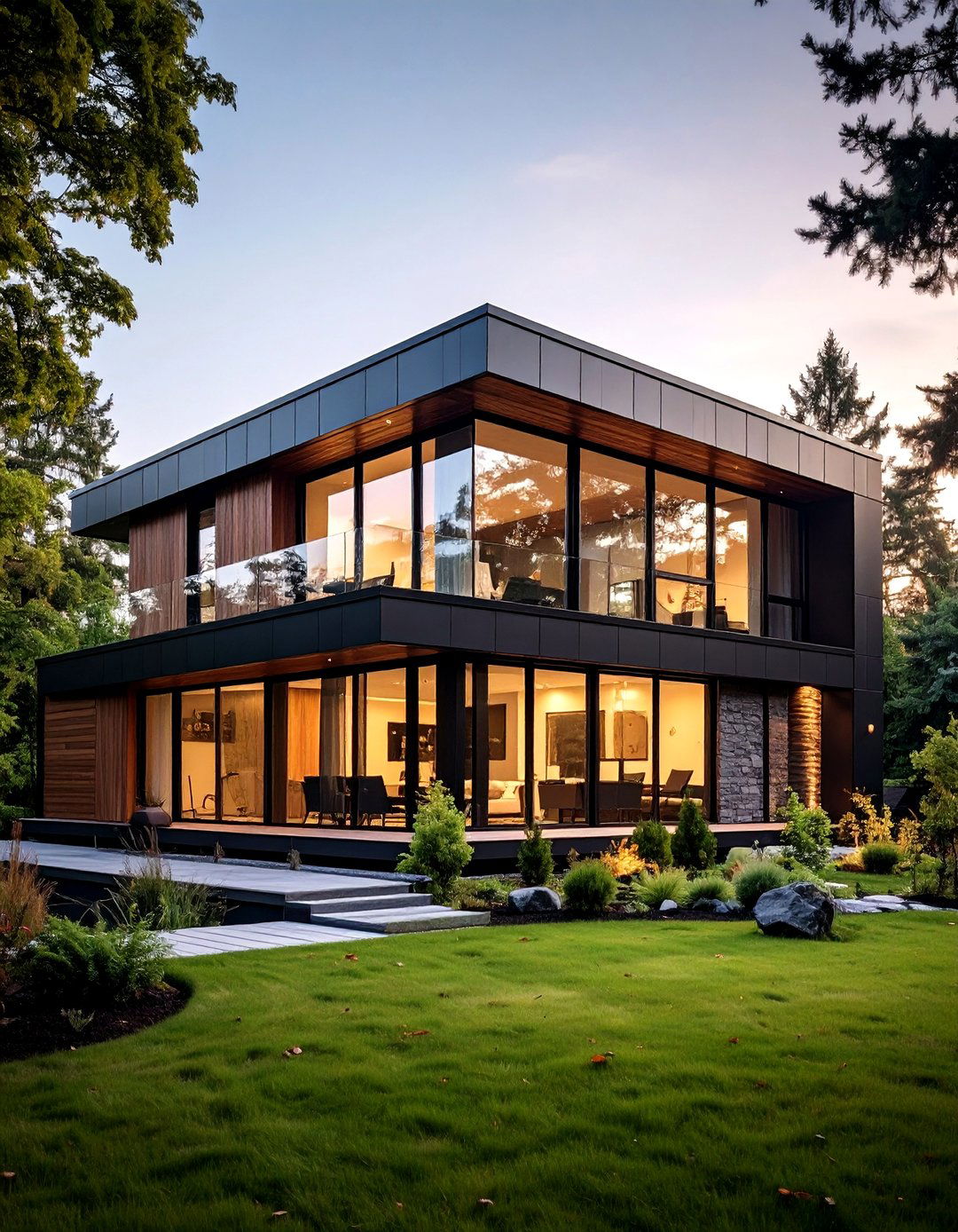 Contemporary Dark Olive with Floor to Ceiling Black Windows - 24 Dark Olive Green House With Black Trim