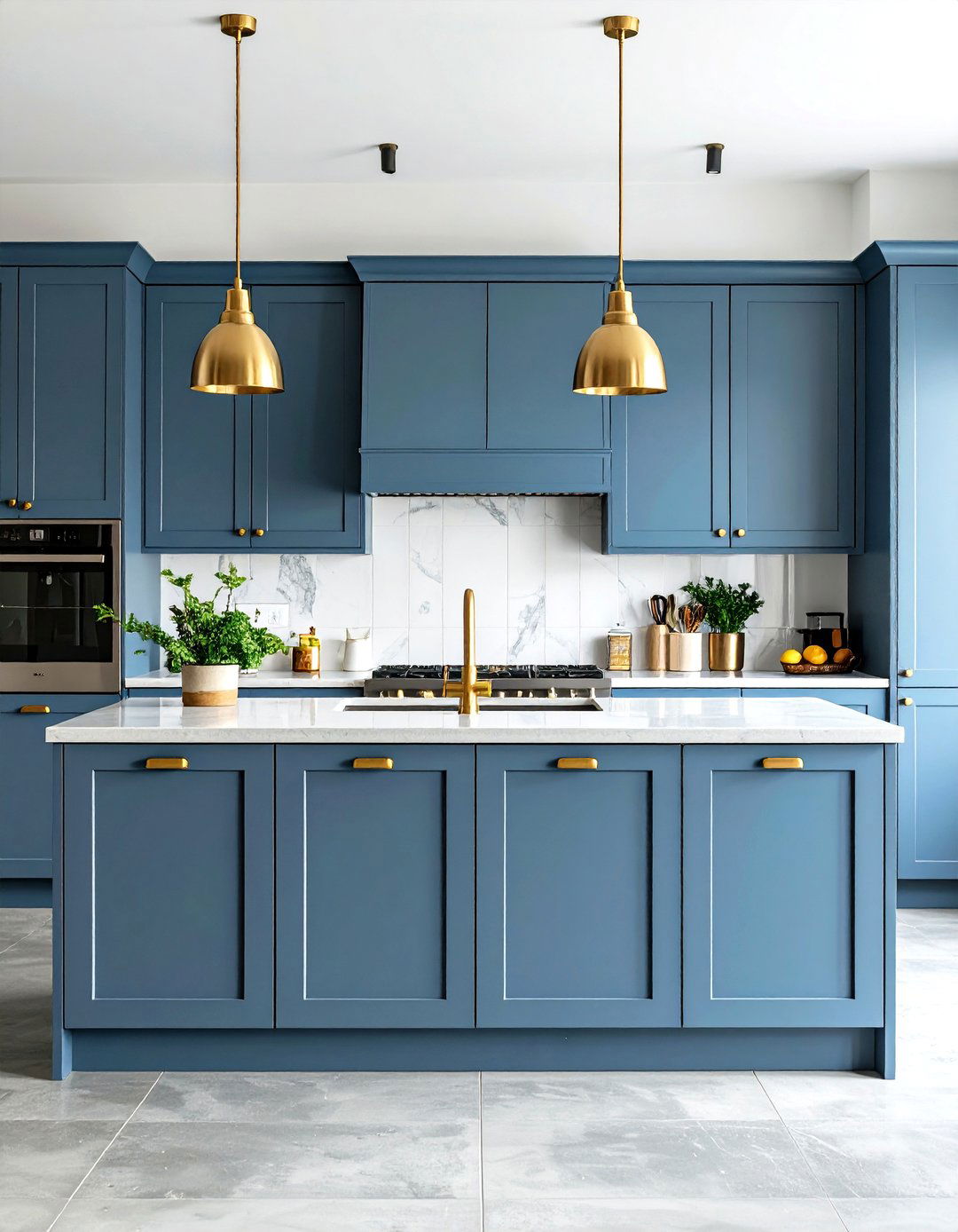 Contemporary Design with Steel Blue Cabinets - 24 blue kitchen cabinets with gold hardware