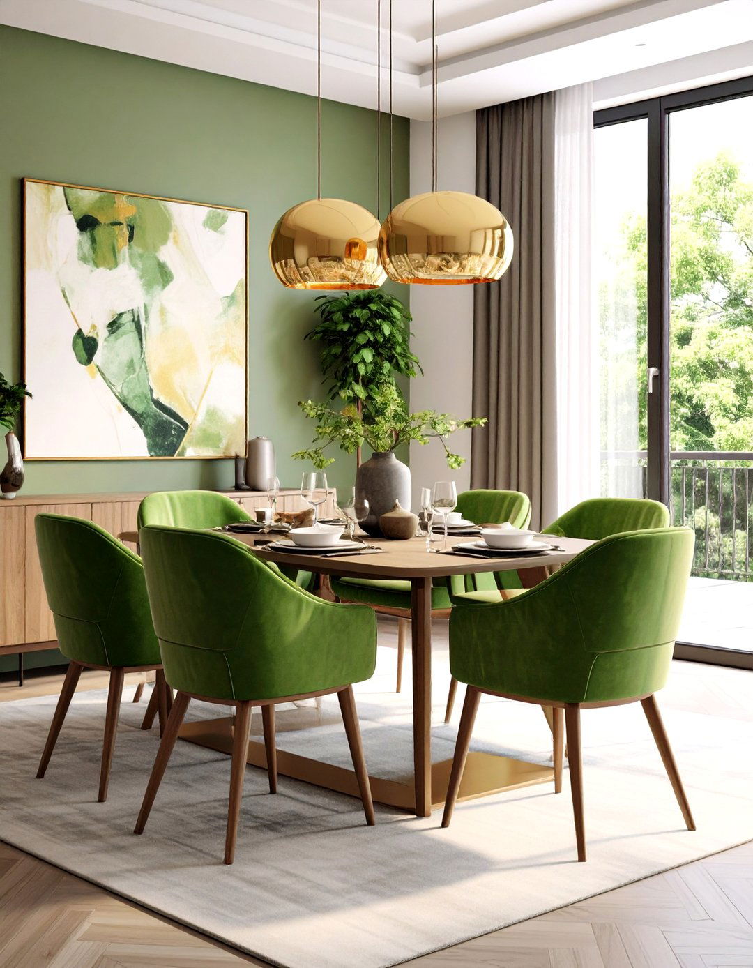 Contemporary Dining Room with Olive Green Upholstered Chairs - 24 Olive Green Room Ideas