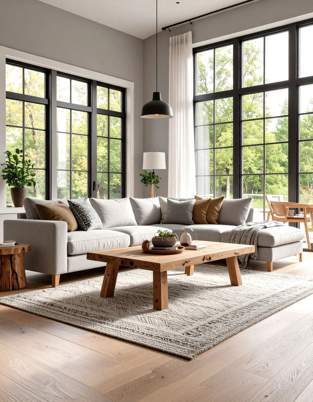 Contemporary Farmhouse Living Design - 24 Living Room With Grey Walls and Black Trim