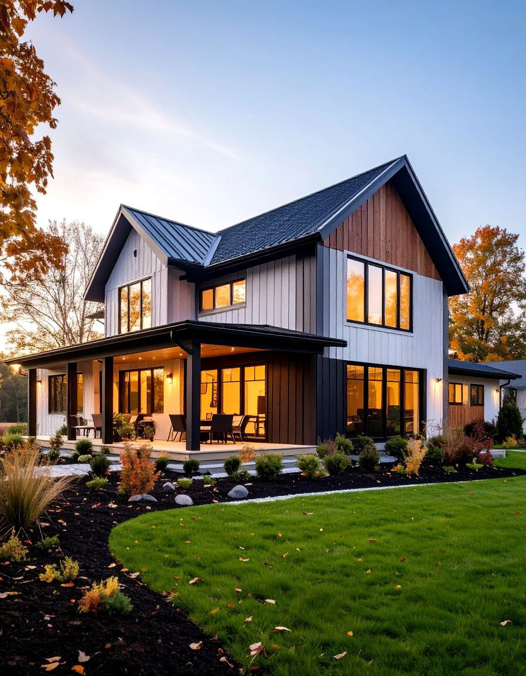 Contemporary Farmhouse White Metal Siding with Black Window Grid - 24 Black and White House Exterior Ideas
