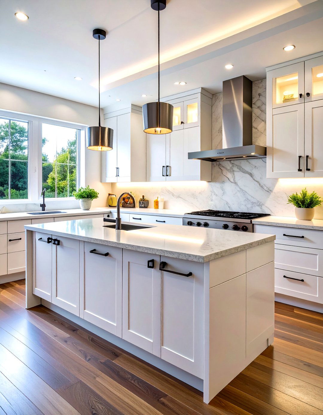 Contemporary Flat Panel Kitchen with Sleek Black Handle Free Design - 24 White Kitchen Cabinets With Black Hardware