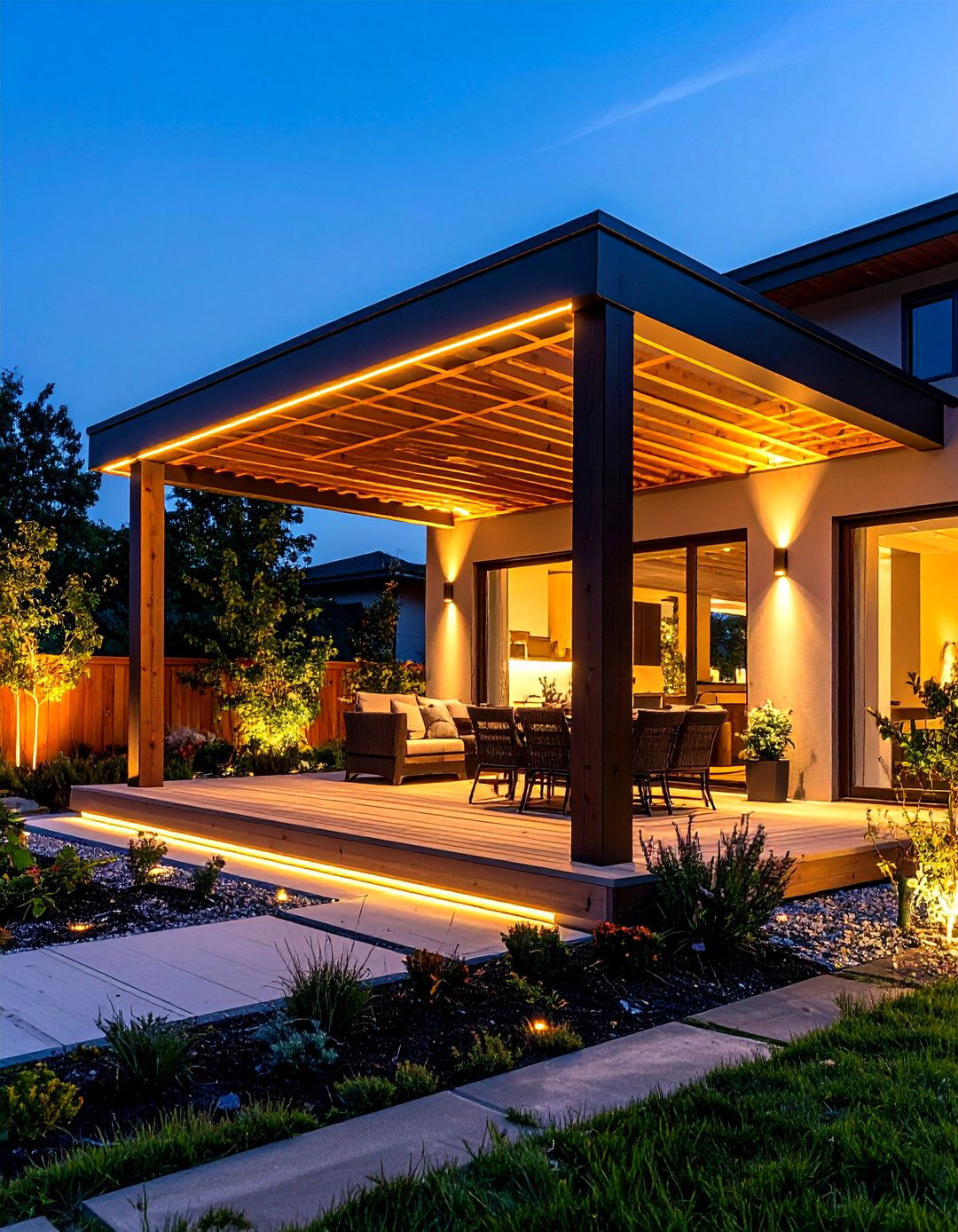 Contemporary Front Porch Pergola with Integrated Lighting - 24 Front Porch Pergola Ideas