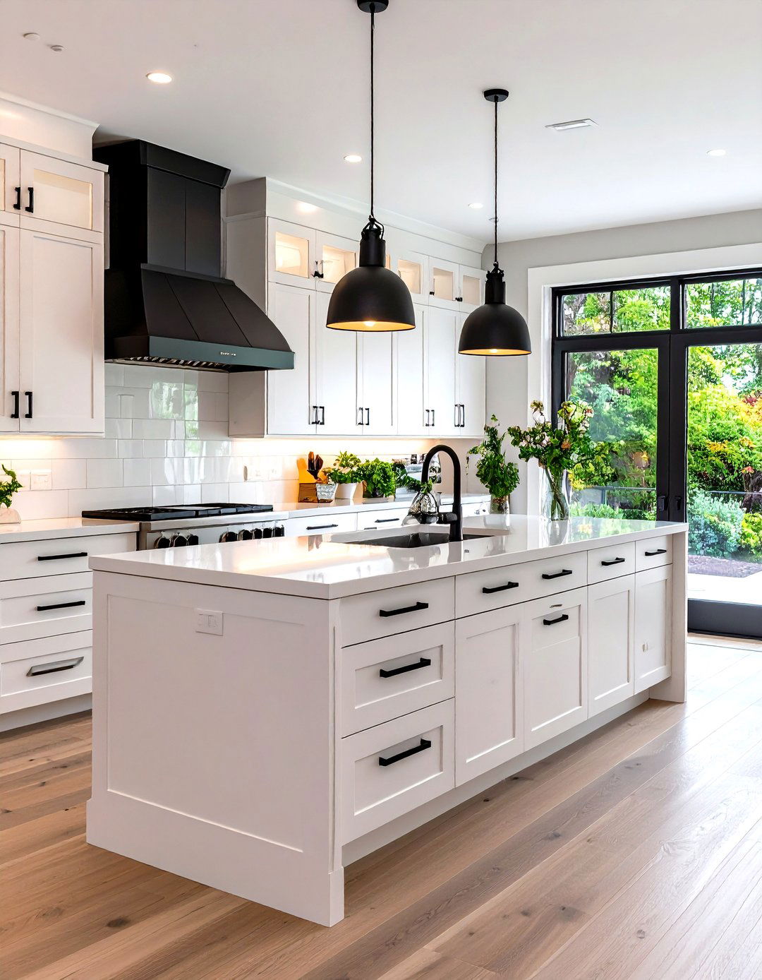 Contemporary Galley with Horizontal Black Pulls - 24 White Kitchen Cabinets With Black Hardware
