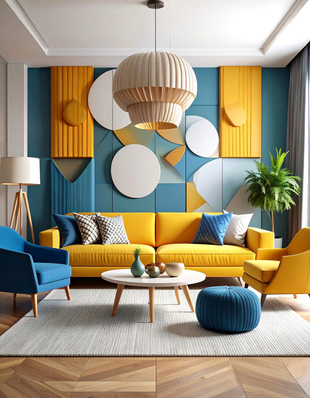 Contemporary Geometric Accent Wall - 24 Living Room Wainscoting Ideas