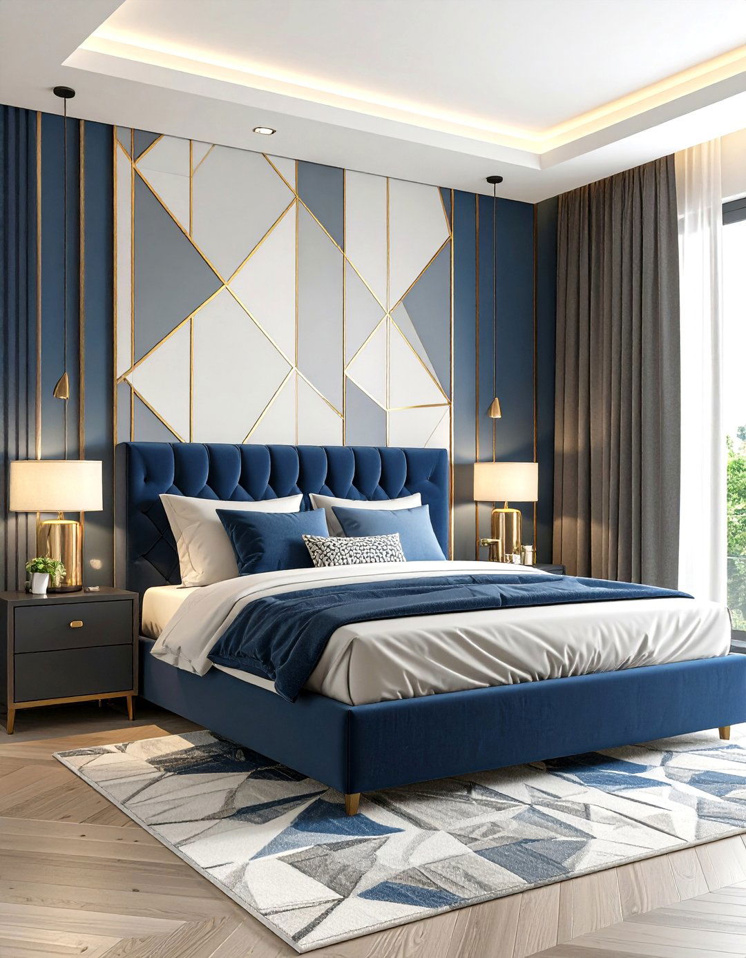 Contemporary Geometric Blue and Grey Design - 24 Blue and Grey Bedroom Ideas