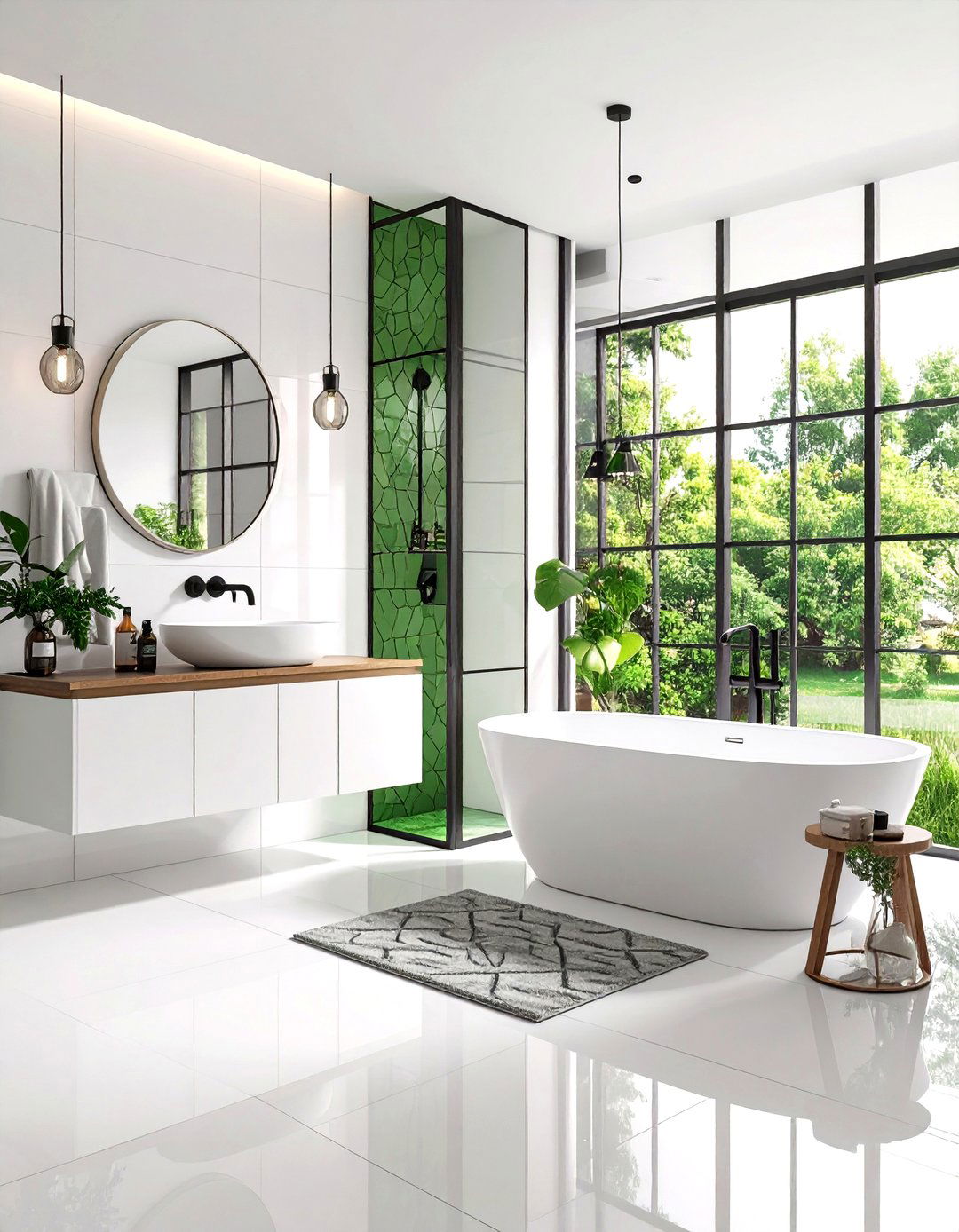 Contemporary Geometric Fusion - 24 black, white and green bathroom ideas