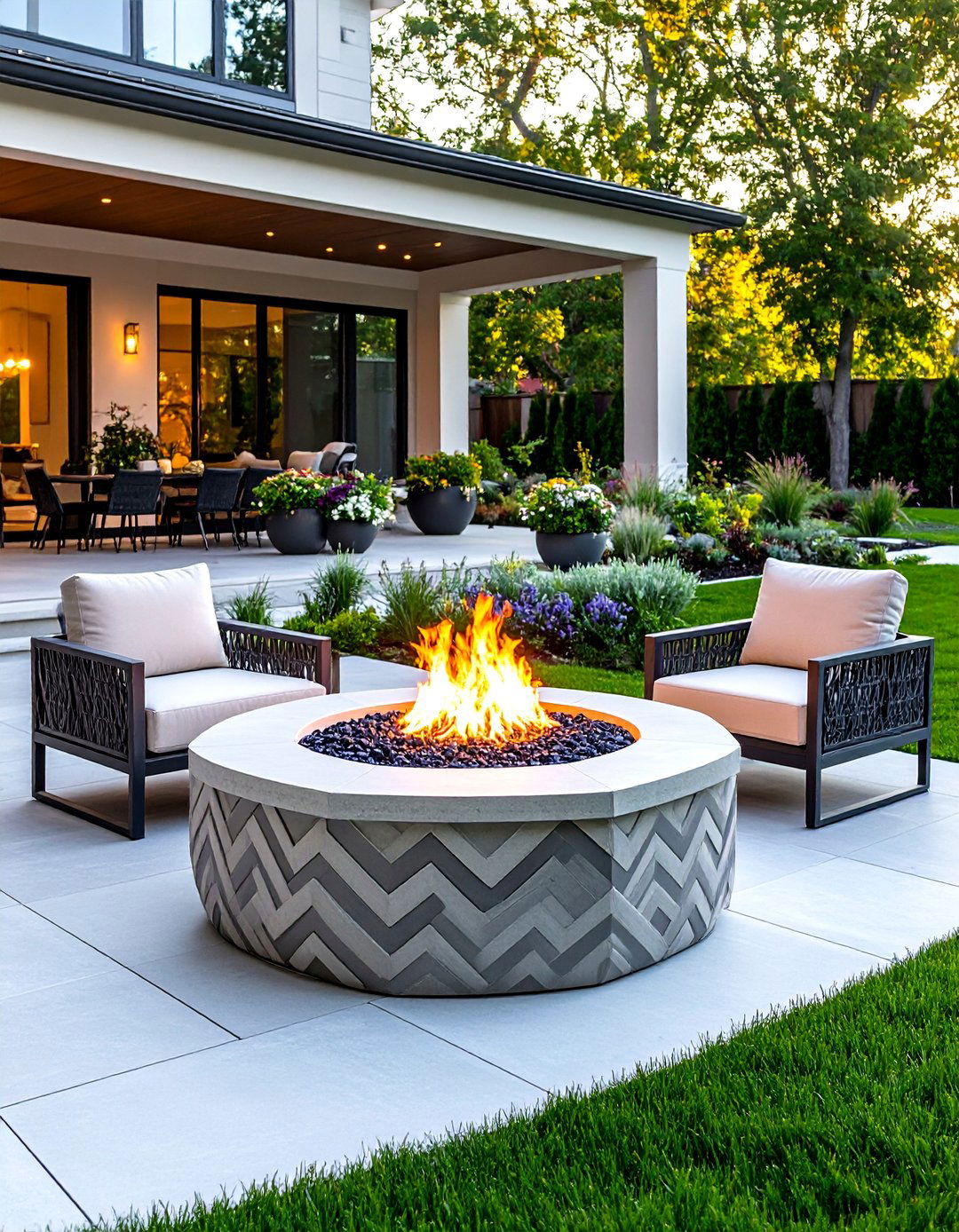 Contemporary Geometric Stamped Concrete Fire Pit Design - 24 stamped concrete patio with fire pit ideas