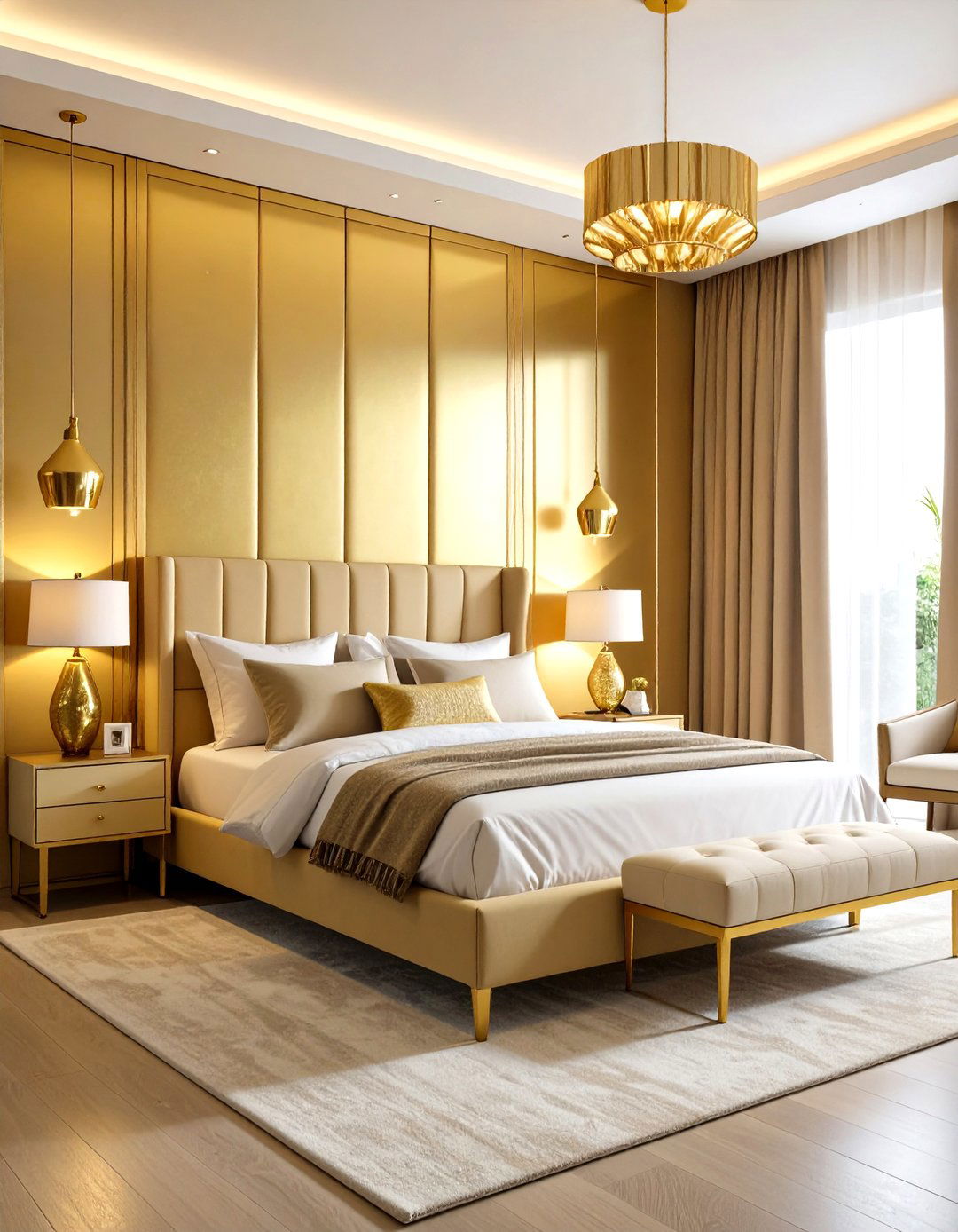 Contemporary Gold Statement Wall - 24 Gold Bedroom Ideas