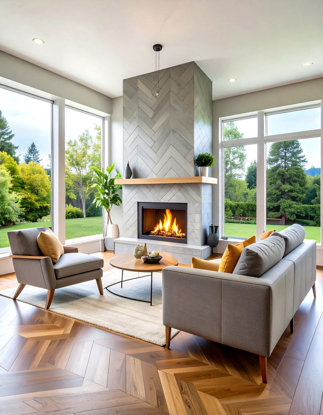 Contemporary Gray Tile Geometric Pattern - 24 Two-story Fireplace Ideas