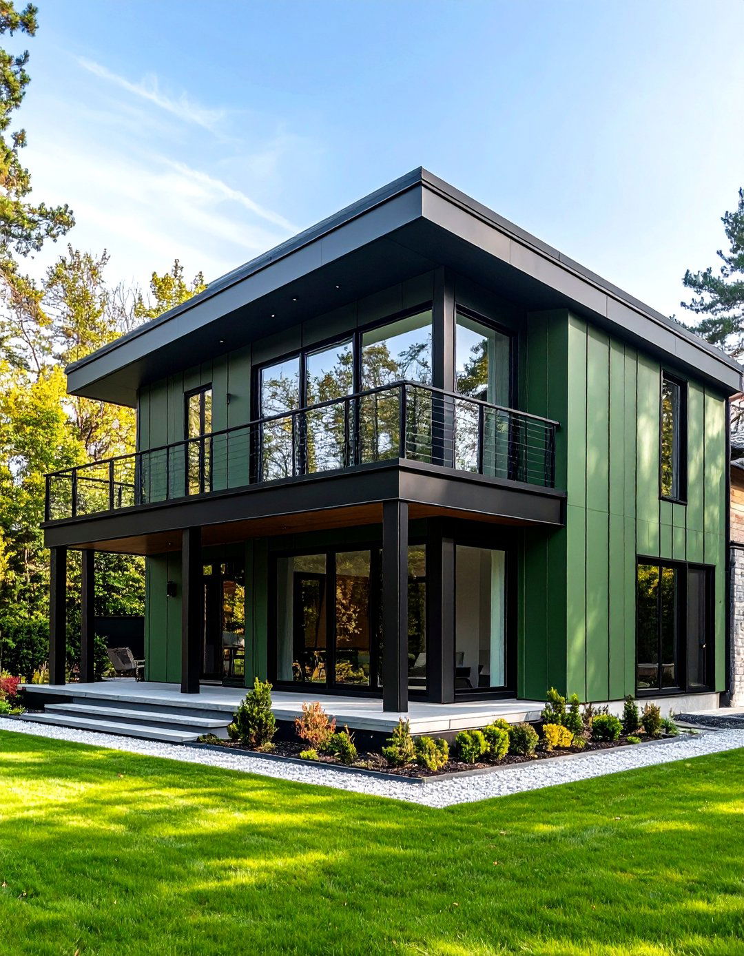Contemporary Green Box with Black Steel Elements - 24 Green House Exterior With Black Trim
