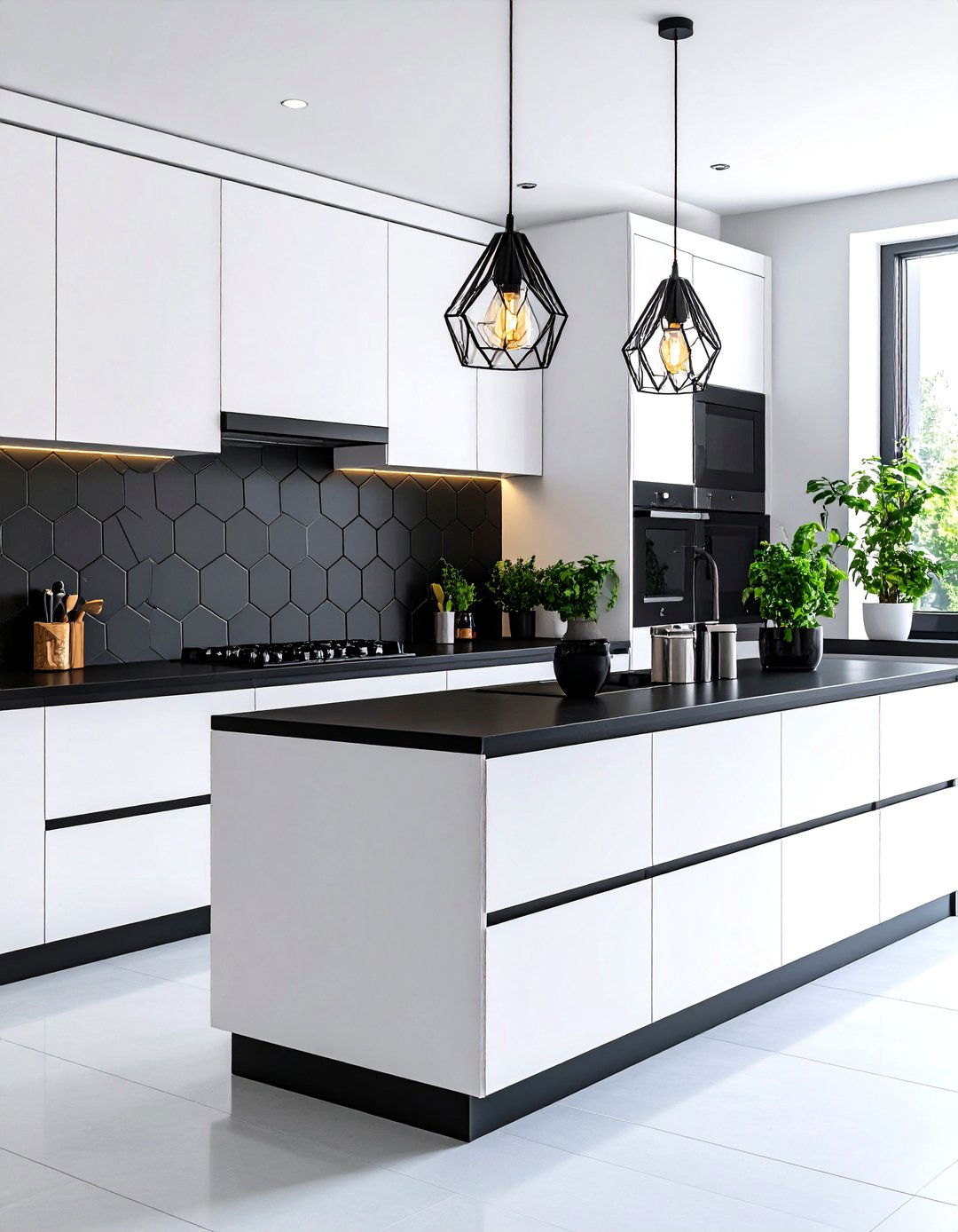 Contemporary Kitchen with Geometric Backsplash - 24 white kitchen with black countertops ideas