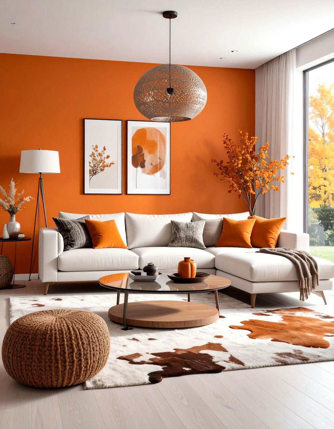 Contemporary Living Room with Burnt Orange Feature Wall - 24 Orange Accent Wall Ideas