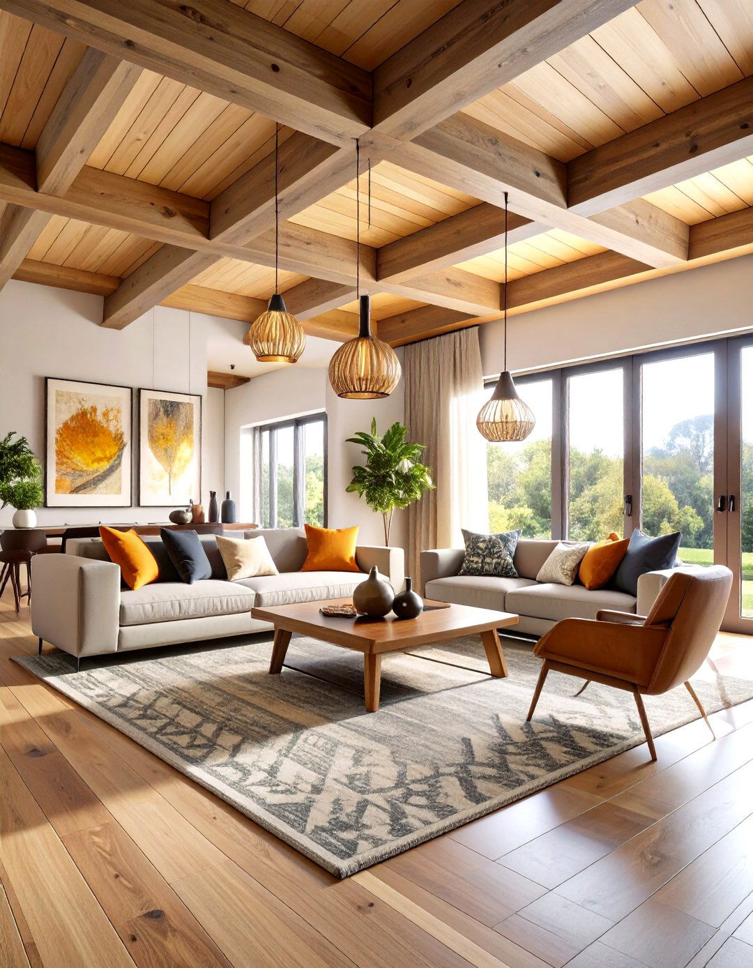 Contemporary Living Room with Geometric Beam Patterns - 24 Exposed Beam Living Room Ideas