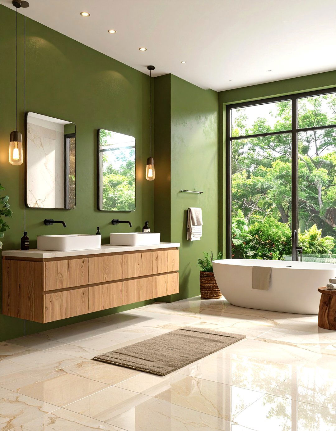 Contemporary Master Bathroom with Olive Green Vanity Wall - 24 Olive Green Room Ideas
