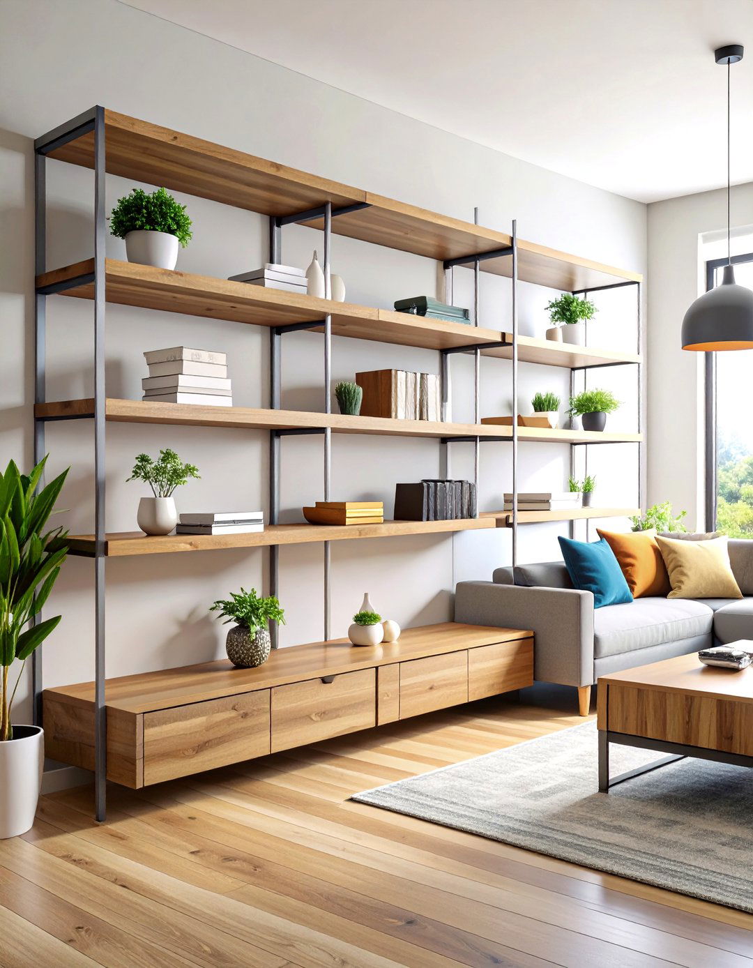 Contemporary Metal Floating Shelves with Wood Accent Strips - 24 Fireplace Floating Shelves Design Ideas