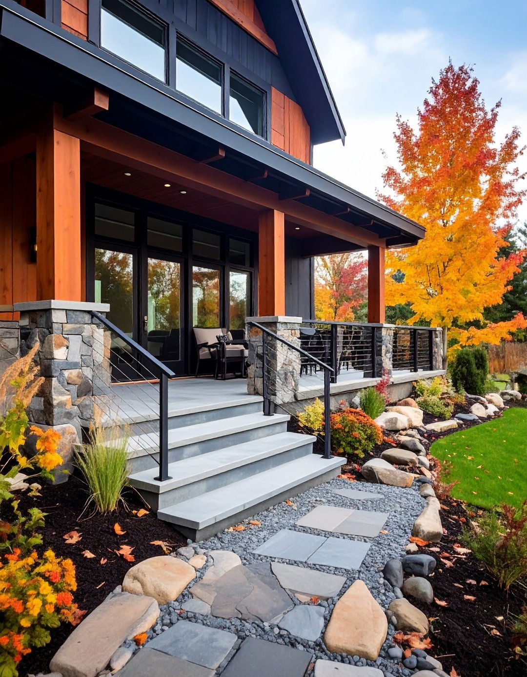Contemporary Metal and Stone Integration - 24 Raised Ranch Front Porch Ideas