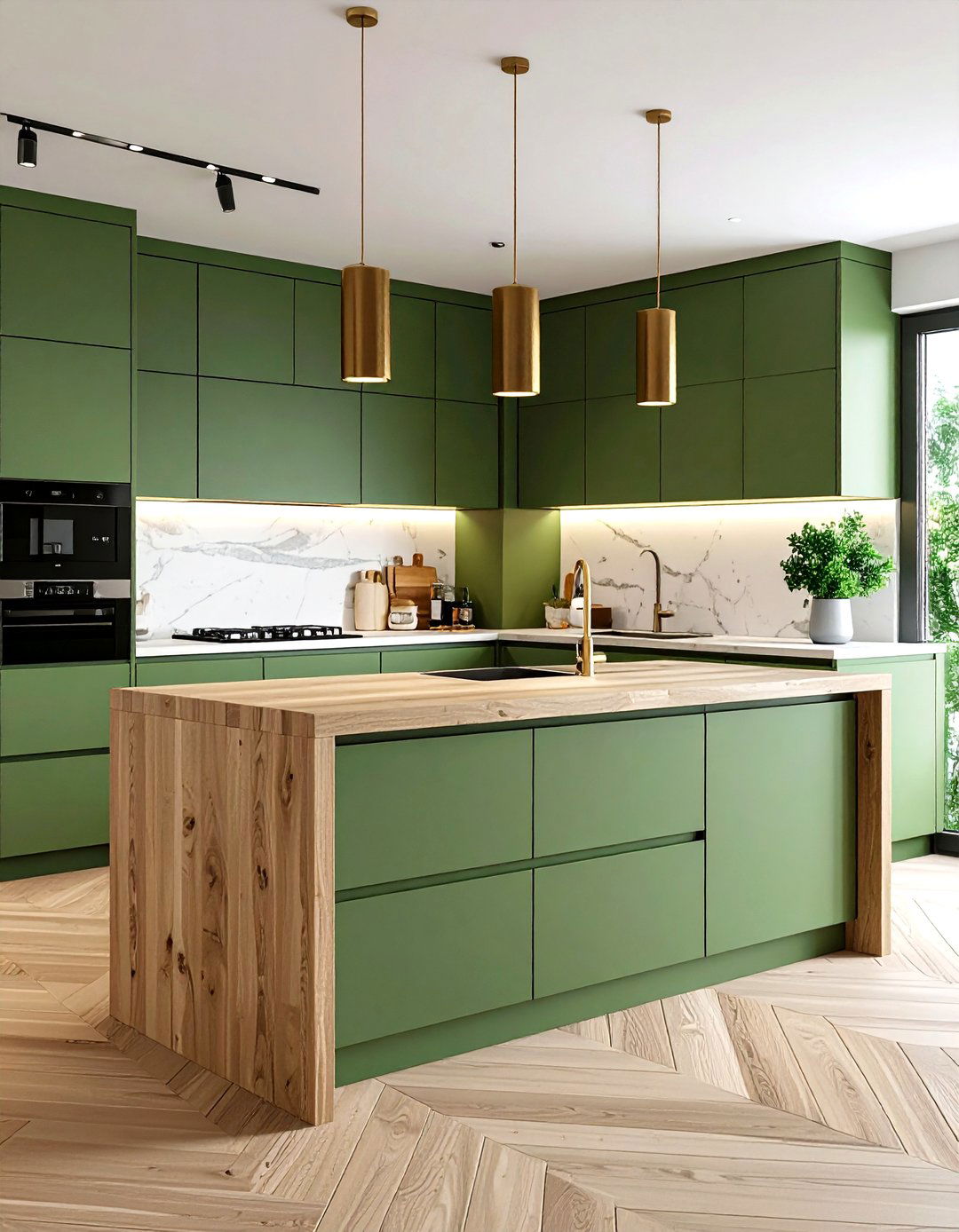 Contemporary Minimalist Sage Green Kitchen Design - 24 Sage Green Kitchen Cabinets With Butcher Block Countertops