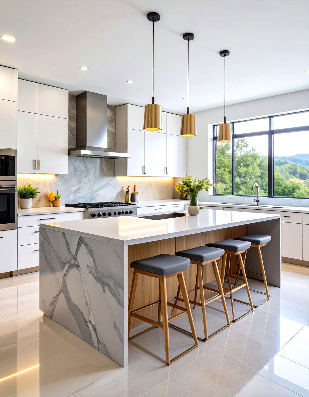 Contemporary Minimalist White Kitchen With Slate Grey Island - 24 White Kitchen Cabinets With Grey Island Ideas