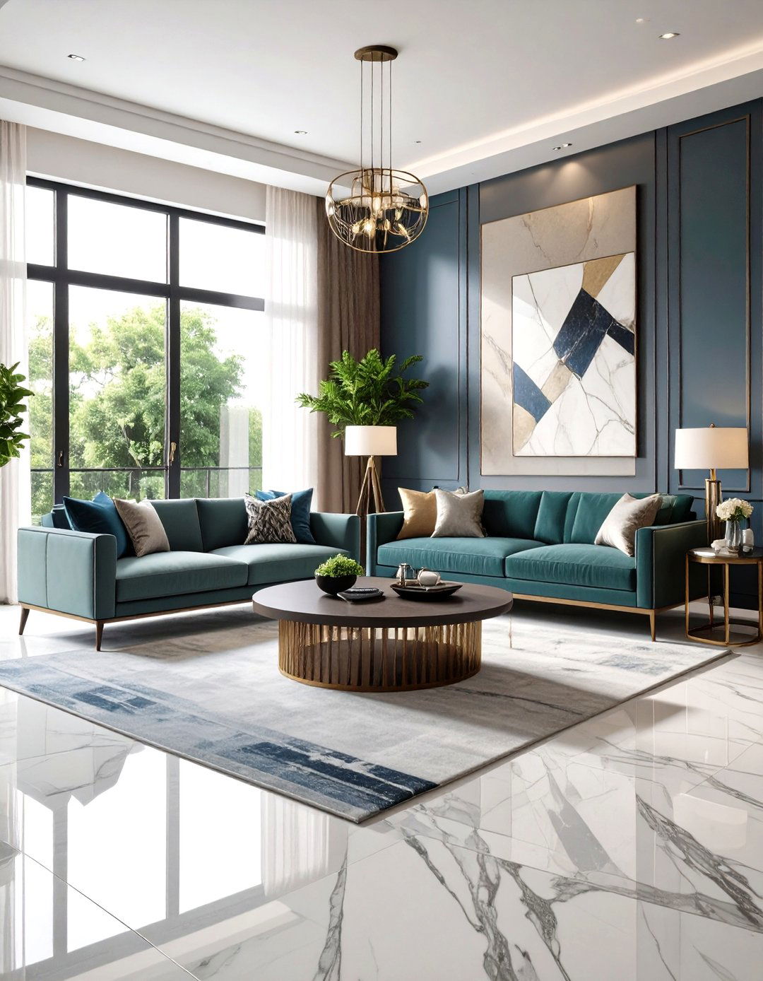 Contemporary Mixed Material Fusion - 24 Marble Floor Living Room Ideas