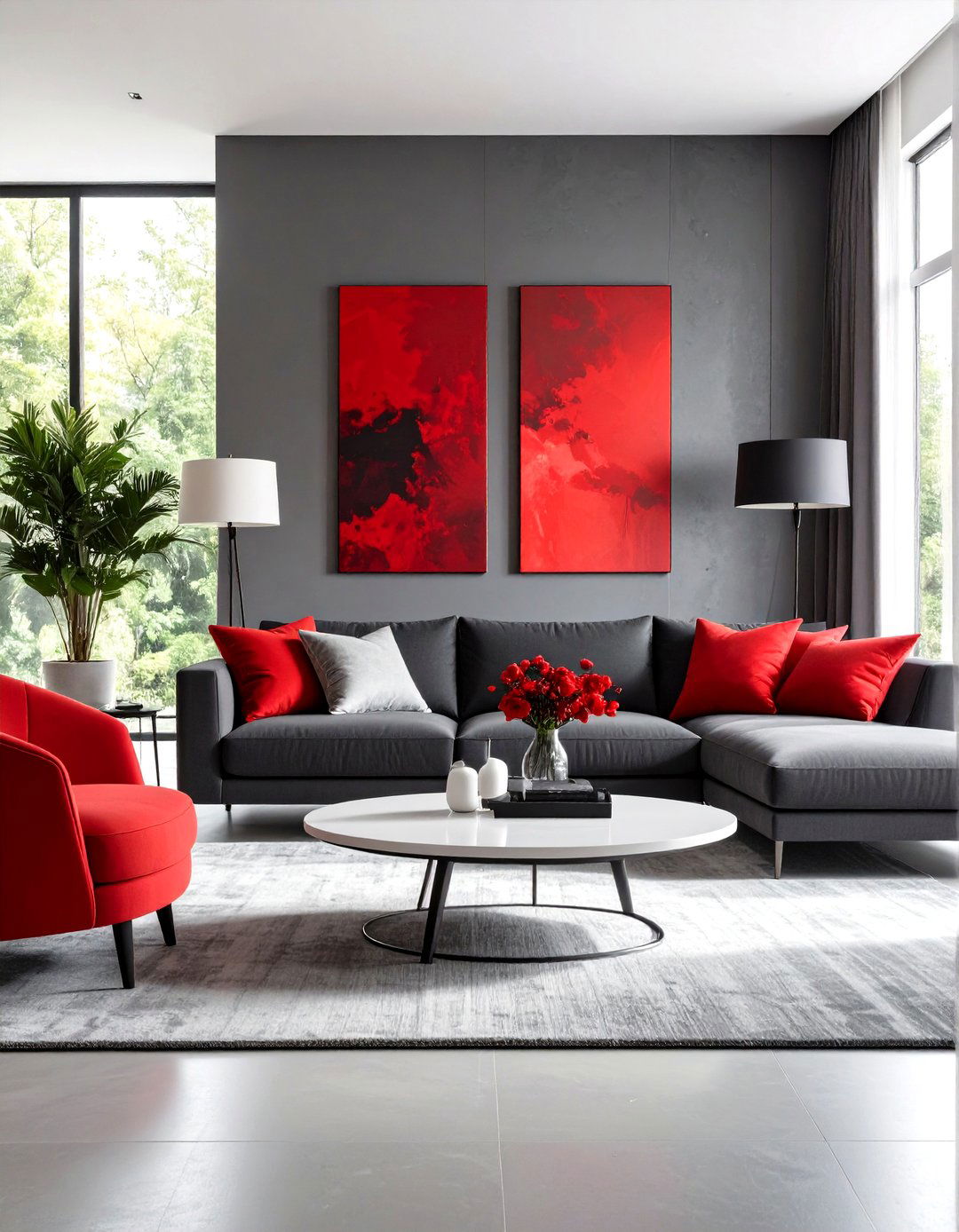 Contemporary Monochromatic Grey with Red Pop Art - 24 Red and Grey Living Room Ideas