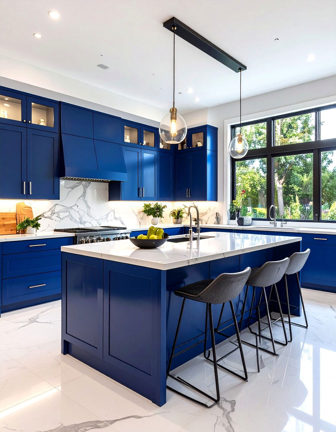 Contemporary Navy Blue Waterfall Island - 24 White Kitchen Cabinets With Blue Island