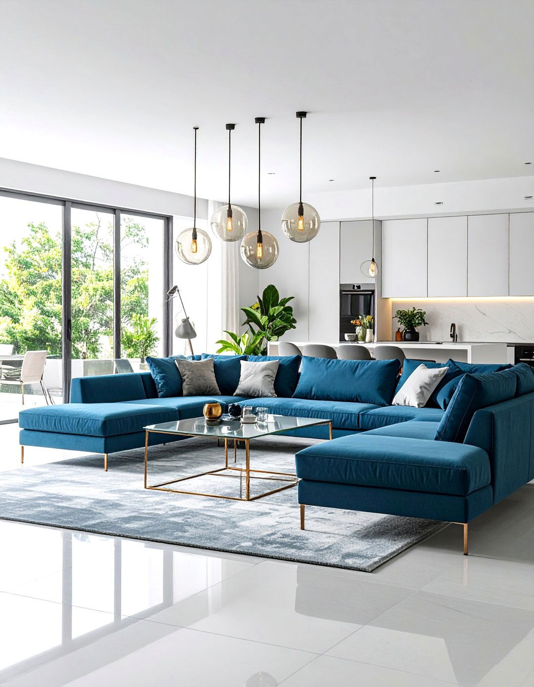 Contemporary Navy Glass and Grey Metal Accents - 24 Navy Blue and Grey Living Room Ideas